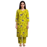 Bright Yellow Floral Printed Cotton Kurta Set for Women – 2 Piece