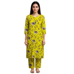 Bright Yellow Floral Printed Cotton Kurta Set for Women – 2 Piece