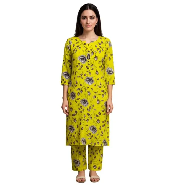 Bright Yellow Floral Printed Cotton Kurta Set for Women – 2 Piece