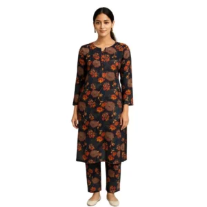 Navy Floral Cotton Kurta Set – 2 Piece