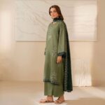 Olive Green Embroidered 3 Piece Kurta Set for Women