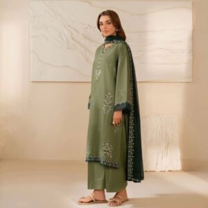 Olive Green Embroidered 3 Piece Kurta Set for Women