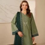 Olive Green Embroidered 3 Piece Kurta Set for Women