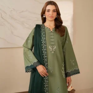 Olive Green Embroidered 3 Piece Kurta Set for Women