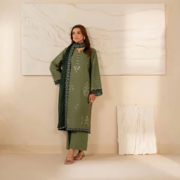 Olive Green Embroidered 3 Piece Kurta Set for Women