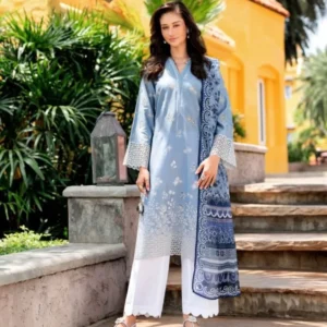 Sky Blue Embroidered Kurta Set for Women – 3 Piece Suit