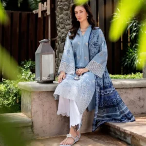 Sky Blue Embroidered Kurta Set for Women – 3 Piece Suit