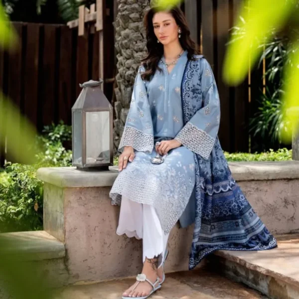 Sky Blue Embroidered Kurta Set for Women – 3 Piece Suit