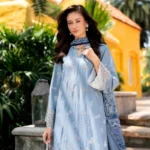 Sky Blue Embroidered Kurta Set for Women – 3 Piece Suit